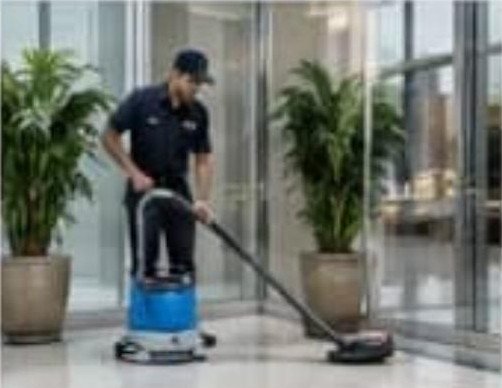 Mechanised floor cleaning in a corporate lobby
