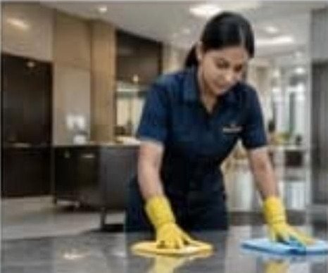 Housekeeping professional cleaning a reception counter