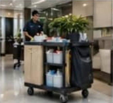 Housekeeping professional with service trolley
